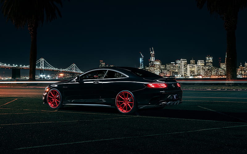 Mercedes-Benz S63 AMG, Coupe, rear view, black luxury coupe, tuning S63, red wheels, German cars, Mercedes, HD wallpaper