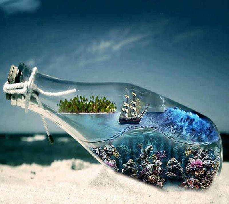 Sea Bottled, aquqrium, bottle, creativity, ship, world, HD wallpaper