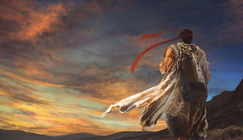 The Wandering Warrior, games, street fighter, male, video games, ryu, sunset, sky, clouds, cool, mountains, anime, lone, solo, headband, black hair, HD wallpaper