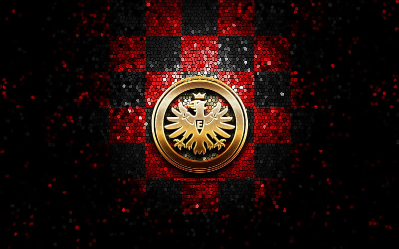 Eintracht Frankfurt FC, glitter logo, Bundesliga, red black checkered background, soccer, Eintracht Frankfurt, german football club, Eintracht Frankfurt logo, mosaic art, football, Germany, HD wallpaper
