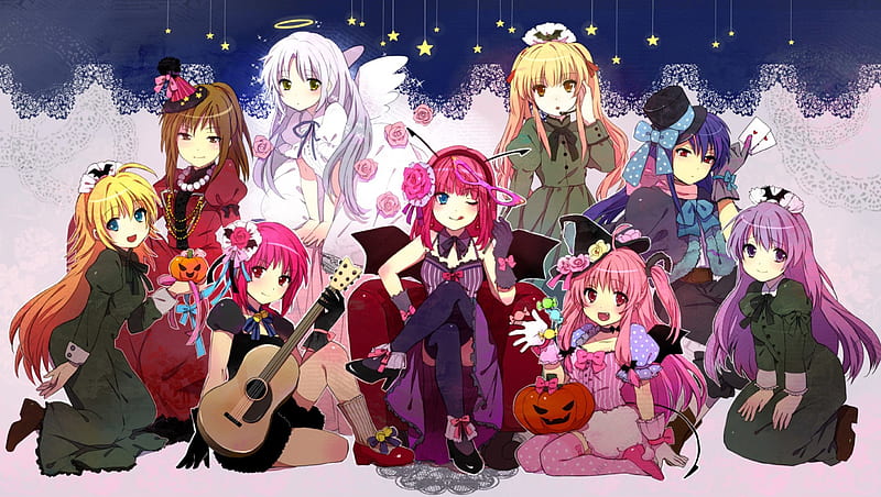 Angel Beats, costume, halloween, anime, angel, girls, long hair, friends, HD wallpaper