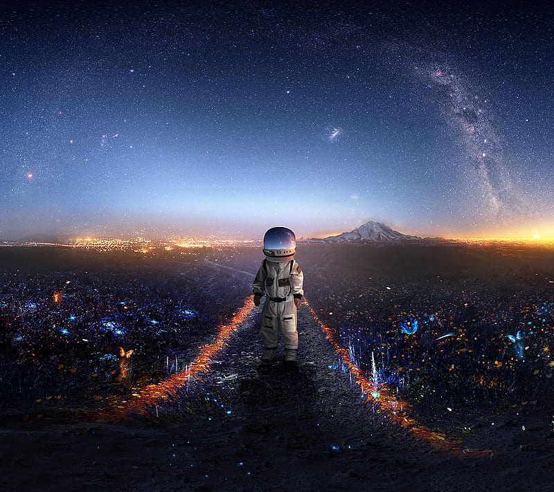 Space out, astronaut, galaxy, moon, planet, trippy, HD wallpaper