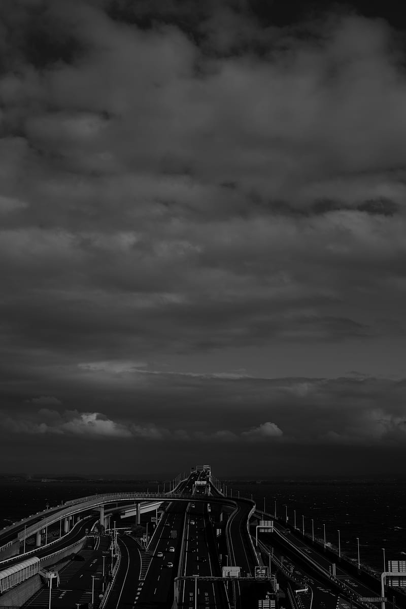bridge, road, tangled, bw, dark, HD phone wallpaper