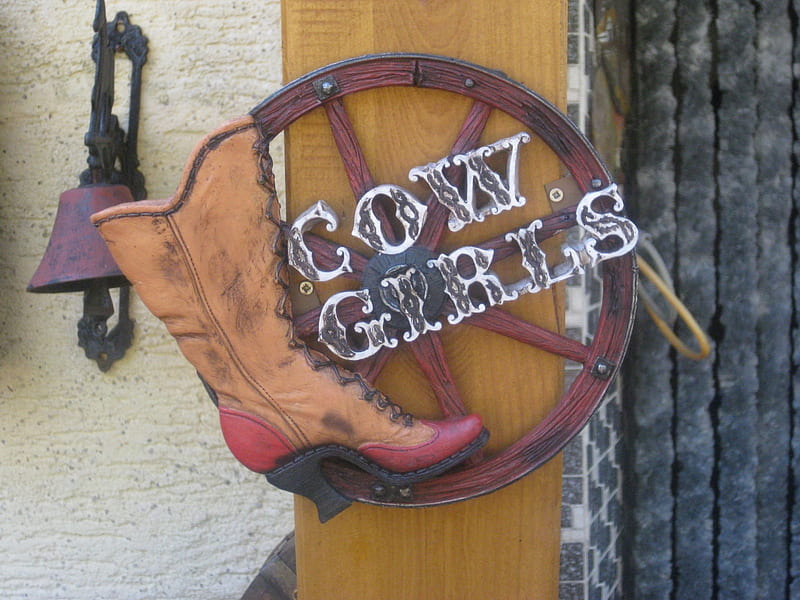Cowgirl Sign, cowgirl, boot, cowgirls, sign, wheel, bell, HD wallpaper