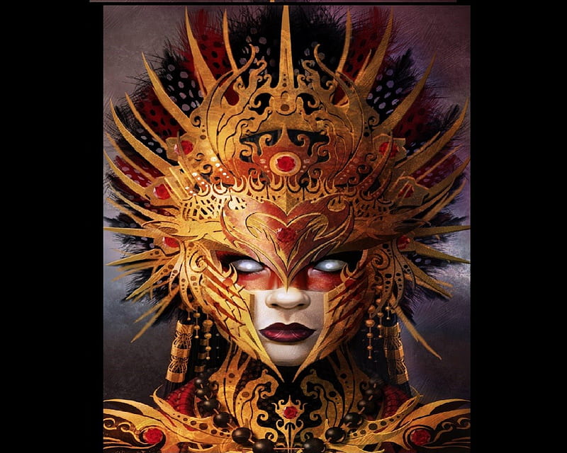 The Golden Mask, Woman, Mask, Red Makeup, Golden, HD wallpaper