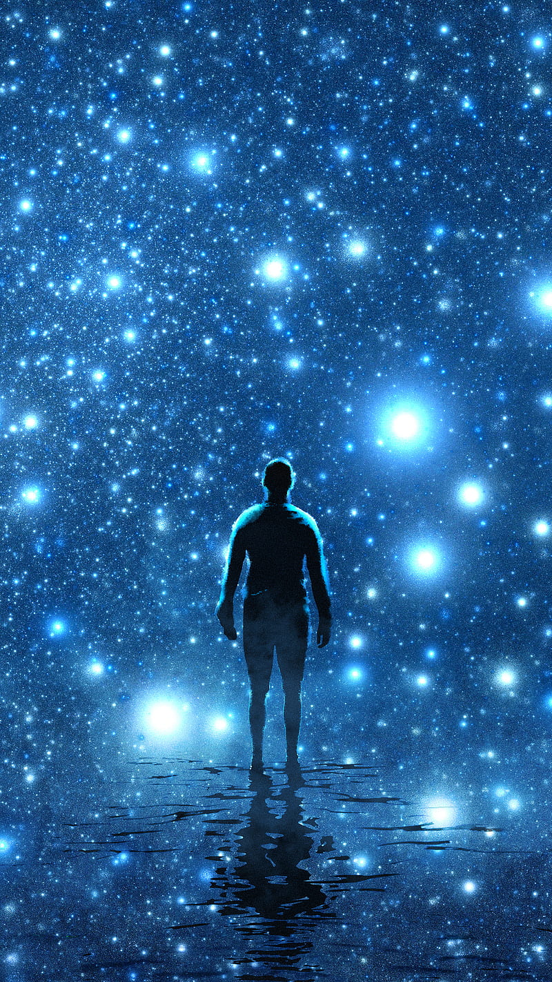 lonesome dude, 420, Circlestances, alone, blue, cool cosmos, cosmos, man, melancholic, minimalism, person, psicodelia, reflection, shine, silhouette, space, sparkle, stars, trippy, water, wide, HD phone wallpaper