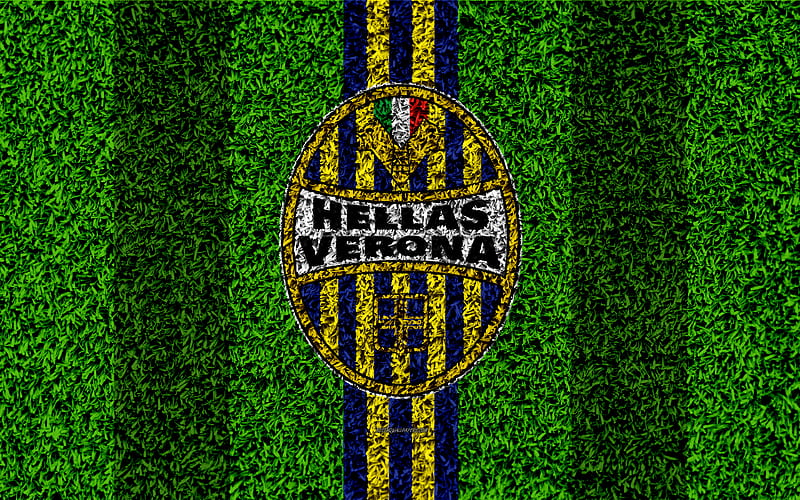 Hellas Verona FC logo, football lawn, Italian football club, blue yellow lines, emblem, grass texture, Serie A, Verona, Italy, football, HD wallpaper