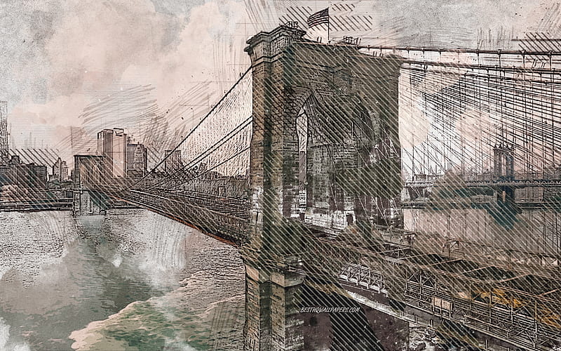 Brooklyn Bridge, grunge art, New York, creative art, painted Brooklyn Bridge, drawing, Brooklyn Bridge abstraction, digital art, New York grunge, USA, HD wallpaper