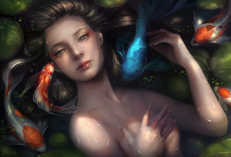 Mermaid, face, siren, orange, fish, peste, vara, water, linh phuong, fantasy, girl, summer, blue, HD wallpaper