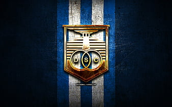Racing Montevideo FC, golden logo, Uruguayan Primera Division, green metal  background, HD wallpaper