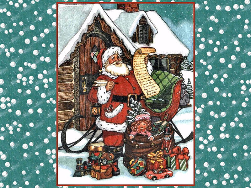 Santa Prepares F2, sleigh, art, santa, christmas, painting, list, presents, artwork, HD wallpaper