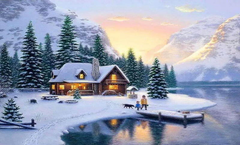 Winter Wonderland, Lovely, Abstract, Snow, Winter, Cottage, HD wallpaper