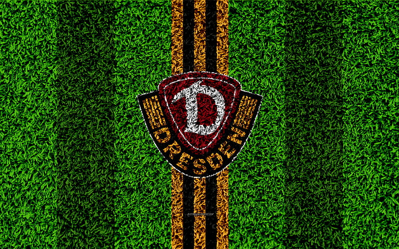 SG Dynamo Dresden German football club, football lawn, logo, emblem, yellow black lines, Bundesliga 2, Dresden, Germany, football, grass texture, HD wallpaper