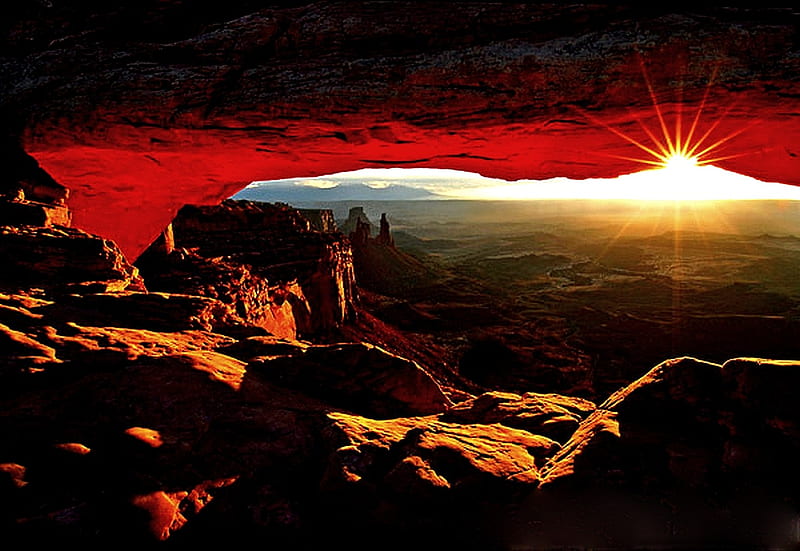 PIERCING SUN, sun, rock, flaming, breakthrough, shine, cave, HD wallpaper