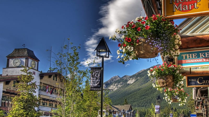 resort town of banff in canada, mountains, signs, town, clouds, stores, HD wallpaper