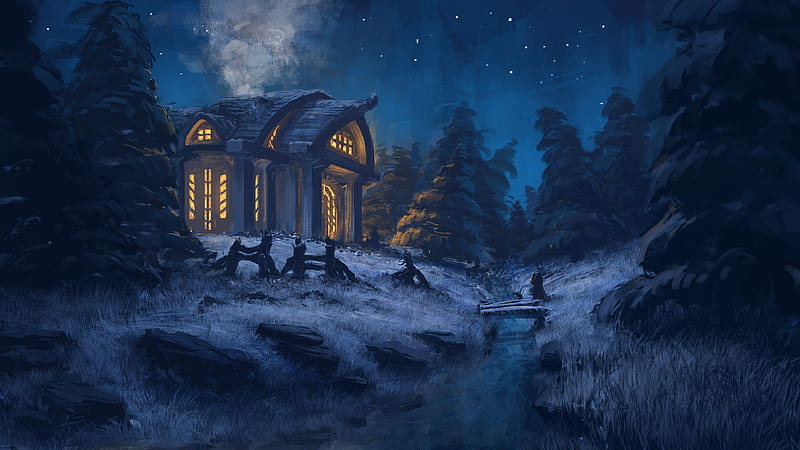 fantasy house, smoke, snow, winter, cold, trees, Fantasy, HD wallpaper
