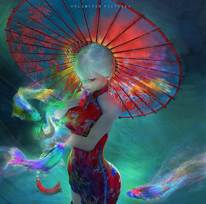 Girl with parasol, red, colorful, art, frumusete, luminos, fish, water, vara, fantasy, girl, green, pisces, summer, asian, flint chen, parasol, zodiac, HD wallpaper