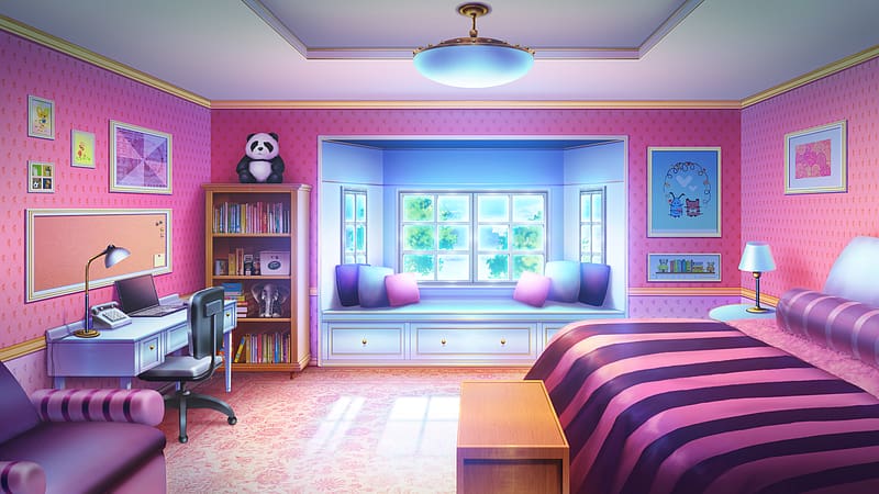 Anime, Chair, Window, Room, Bed, Laptop, Desk, HD wallpaper