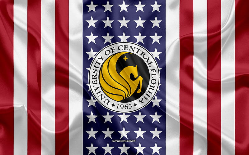 University of Central Florida Emblem, American Flag, University of Central Florida logo, Oviedo, Florida, USA, Emblem of University of Central Florida, HD wallpaper