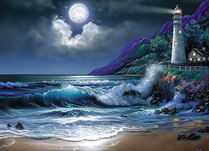 Lighthouse, art, moon, full, sea, moon, painting, summer, pictura, blue, night, HD wallpaper