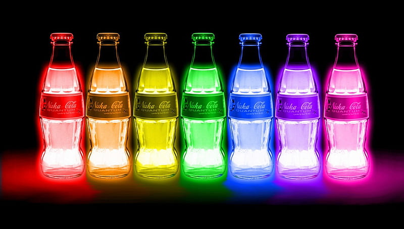 Cola Laser Lights, cola, green, soda, pop, yellow, colors, rainbow, bottles, HD wallpaper