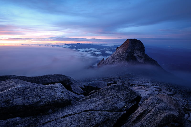 rock, cliff, stone, clouds, fog, HD wallpaper