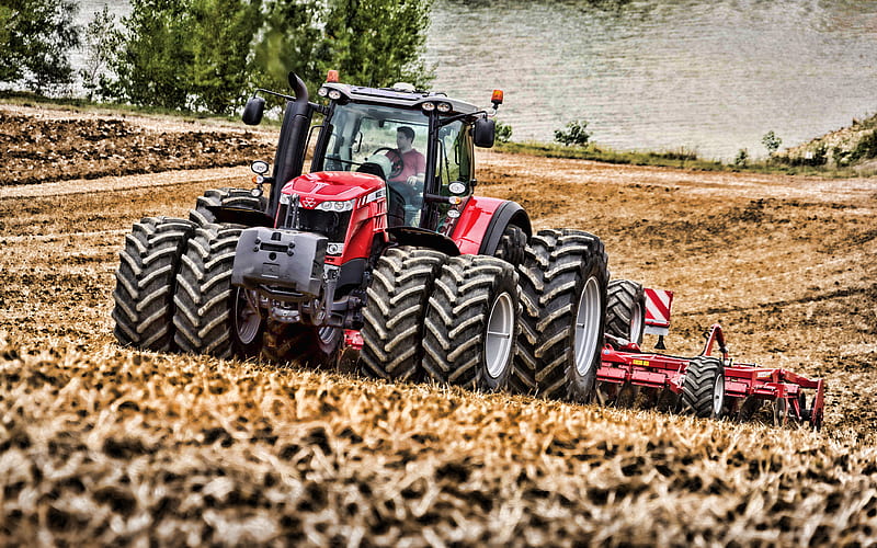 Massey Ferguson MF 8737 plowing field, 2019 tractors, crawler, agricultural machinery, harvest, red tractor, R, agriculture, tractor in the field, Massey Ferguson, HD wallpaper