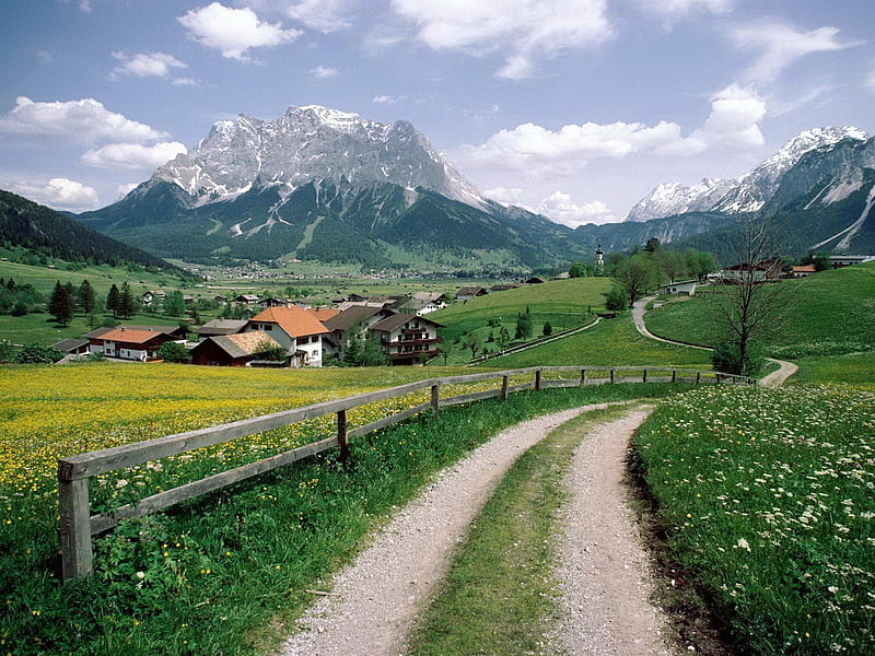 Somewhere in Austria., fence, cloud, house, sky, farm, mountain, tree, austria, flower, path, road, field, HD wallpaper