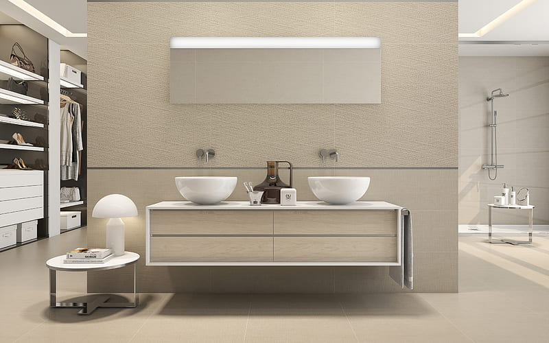 stylish bathroom interior, modern interior design, round washbasin, bathroom design, hanging cabinet for bathroom, beige bathroom interior, HD wallpaper