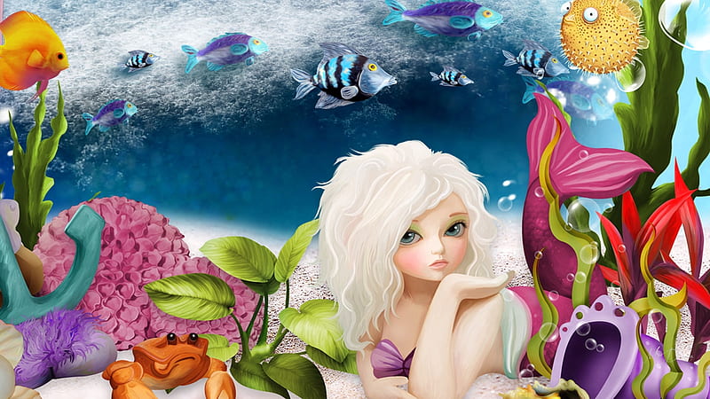 Pretty Little Mermaid, fish, ocean, mermaid, coral, Firefox Persona theme, sea, HD wallpaper
