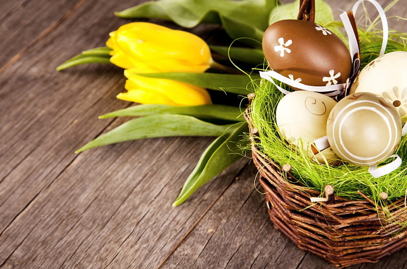 Happy Easter!, brown, yellow, easter, card, egg, green, flower, tulip, wood, HD wallpaper