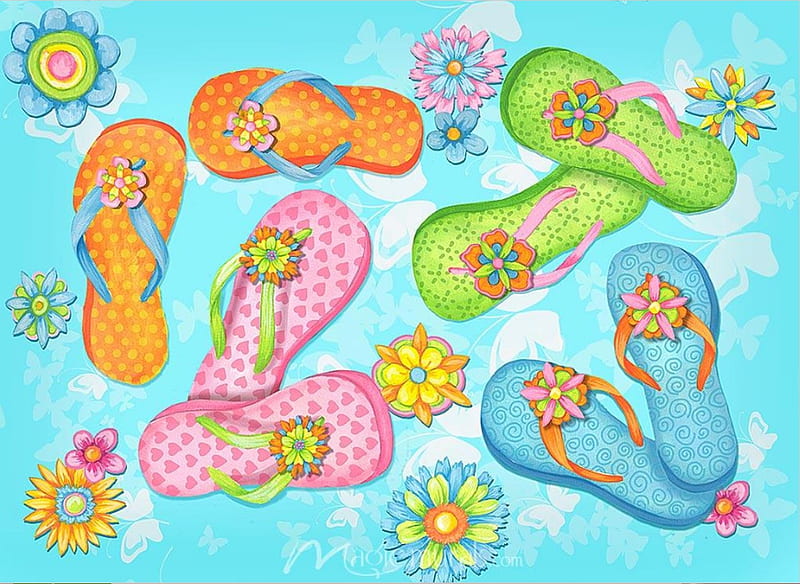 Flip-flops and flowers, flowers, water, fantasy, shoes, HD wallpaper