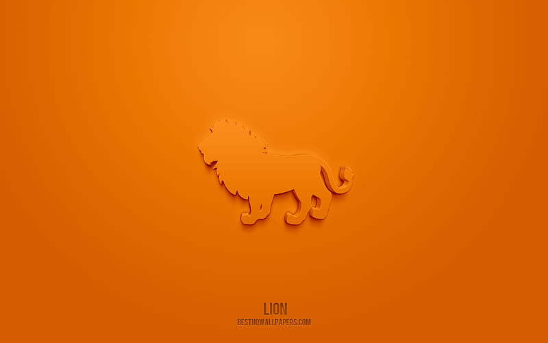 Lion 3d icon, orange background, 3d symbols, Lion, creative 3d art, 3d icons, Lion sign, Animals 3d icons, HD wallpaper