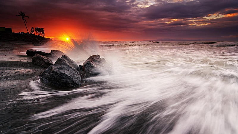 crashing sea onto rocky beach a sunset, beach, rocks, surf, sunset, waves, sea, HD wallpaper