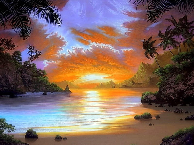 ★Colors Island of Paradise★, oceans, stunning, panoramic view, softness beauty, attractions in dreams, bonito, seasons, palm trees, paintings, bright, scenery, islands, colors, love four seasons, creative pre-made, paradise, beaches, summer, nature, tropical, HD wallpaper