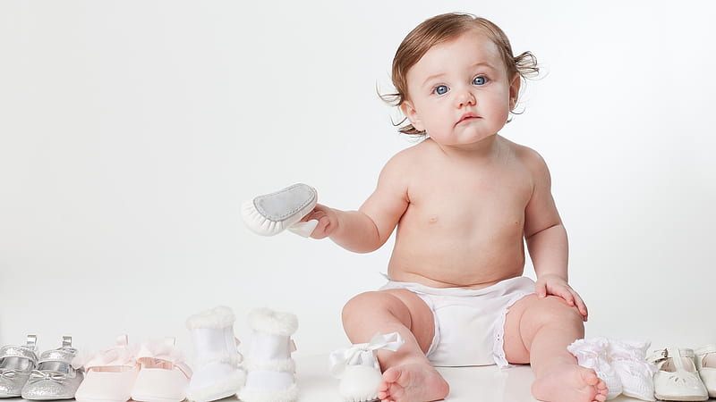 Cute Baby Is Playing With Footwears In White Background Cute, HD wallpaper
