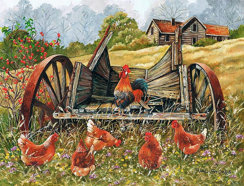 Out With The Boss, rooster, hens, painting, cart, poultry, artwork, field, HD wallpaper