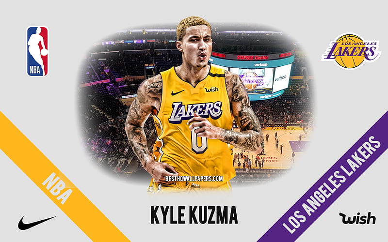 Kyle Kuzma, Los Angeles Lakers, American Basketball Player, NBA, portrait, USA, basketball, Staples Center, Los Angeles Lakers logo, Kyle Alexander Kuzma, HD wallpaper