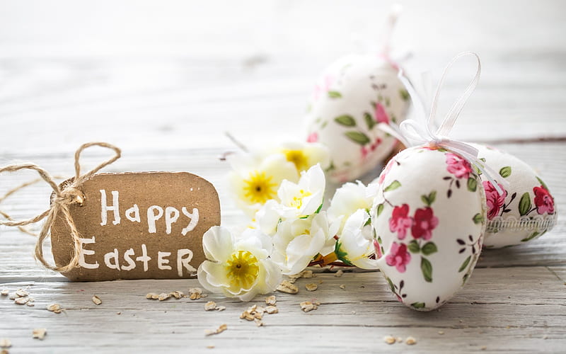 Happy Easter, eggs, flowers, spring, Easter, HD wallpaper
