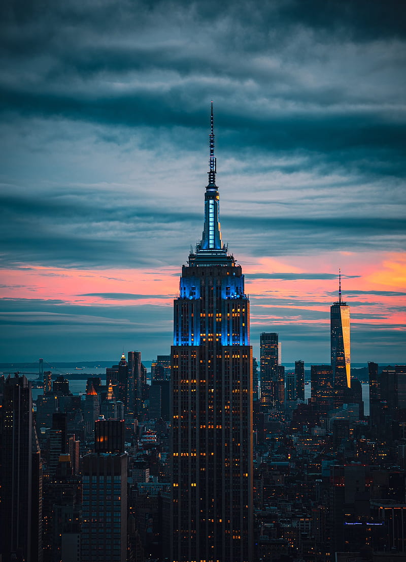 New York City, sky, sunset, clouds, portrait display, building, Empire State Building, city lights, skyscraper, One World Trade Center, HD phone wallpaper