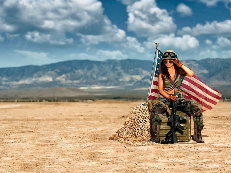 A dom Lover, USA, female, desert, dom, sexy, flag, cute, brunettes, weapons, NRA, camo, hot, military, america, rifile, HD wallpaper
