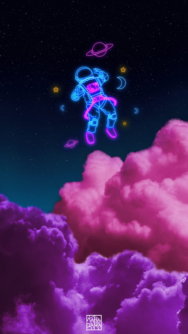 Neon Astronaut, Karabanka, awesome, blue, cloud, clouds, colors, colours, cool, crescent, desenho, dreamy, fantastic, good, idea, incredible, insane, instagram, manipulation, mood, moody, moon, nice, out, hop, pink, purple, saturn, space, stars, think, world, yellow, HD phone wallpaper