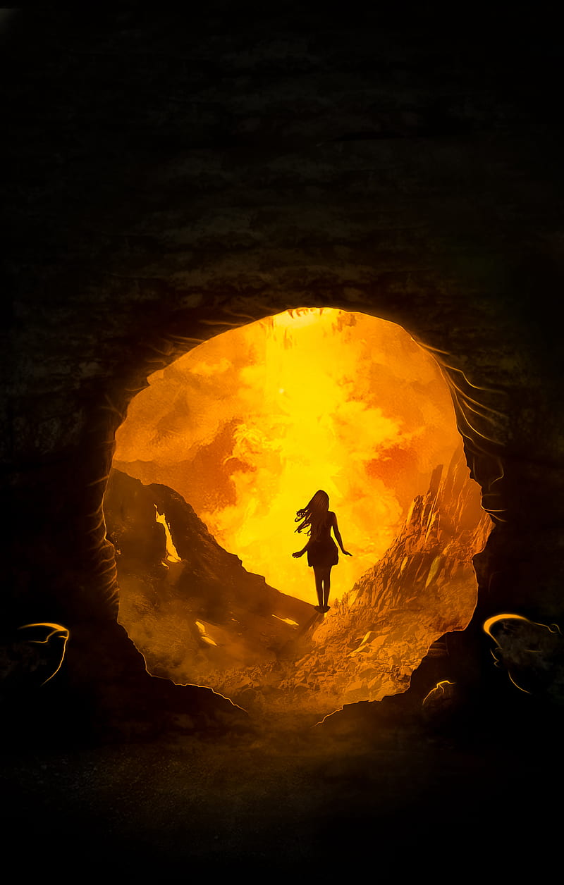 cave, silhouette, fire, flash, dark, entrance, HD phone wallpaper