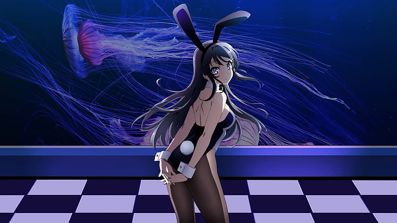 Anime, Blue Eyes, Black Hair, Long Hair, Pantyhose, Bunny Ears, Mai Sakurajima, Rascal Does Not Dream Of Bunny Girl Senpai, HD wallpaper