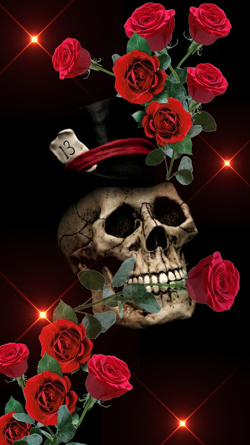 Speciality, burst, flowers, red, roses, skull, sugar, top hat, HD phone wallpaper