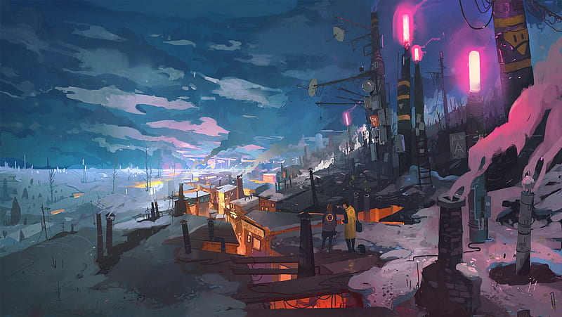 sci-fi landscape, people, clouds, neon lights, houses, Sci-fi, HD wallpaper