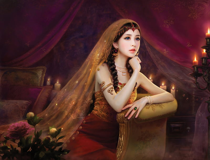 The bride, frumusete, fantasy, ruoxin zhang, luminos, superb, gorgeous, candles, red, girl, princess, HD wallpaper