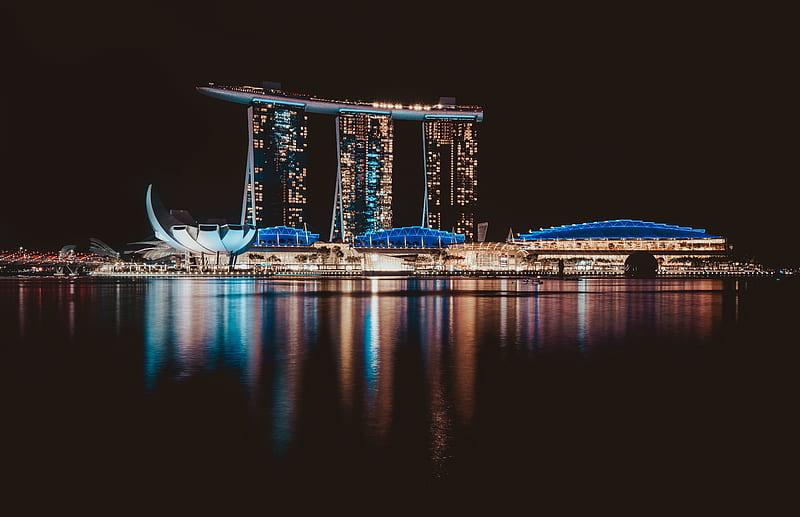 Buildings, Marina Bay Sands, Night, Singapore, Water, HD wallpaper