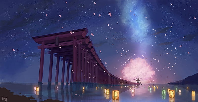 Torii Gate, orginal, night, gate, sakura, torii, japanese, lantern, sky, cherry blossom, japan, fantasy, oriental, HD wallpaper