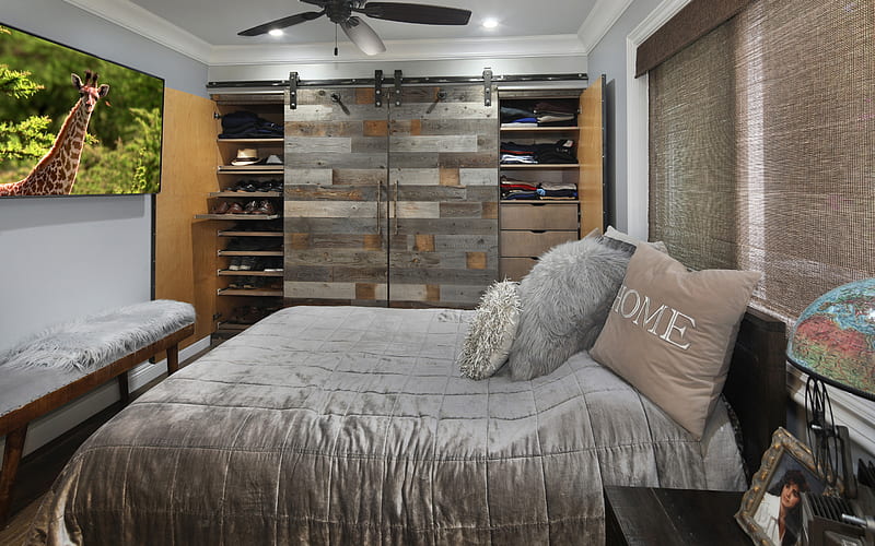 bedroom, stylish interior design, gray wooden wardrobe, wardrobe in the small bedroom, interior in gray colors, HD wallpaper